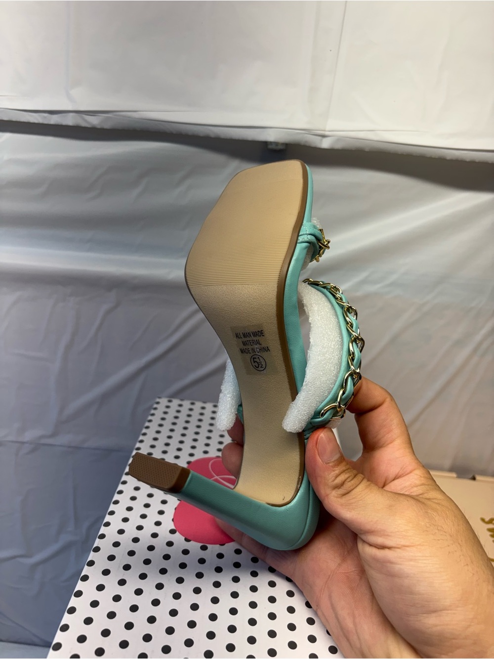 Delicious Teal Block-Heel Slide with Gold Chain - Picture 5 of 7